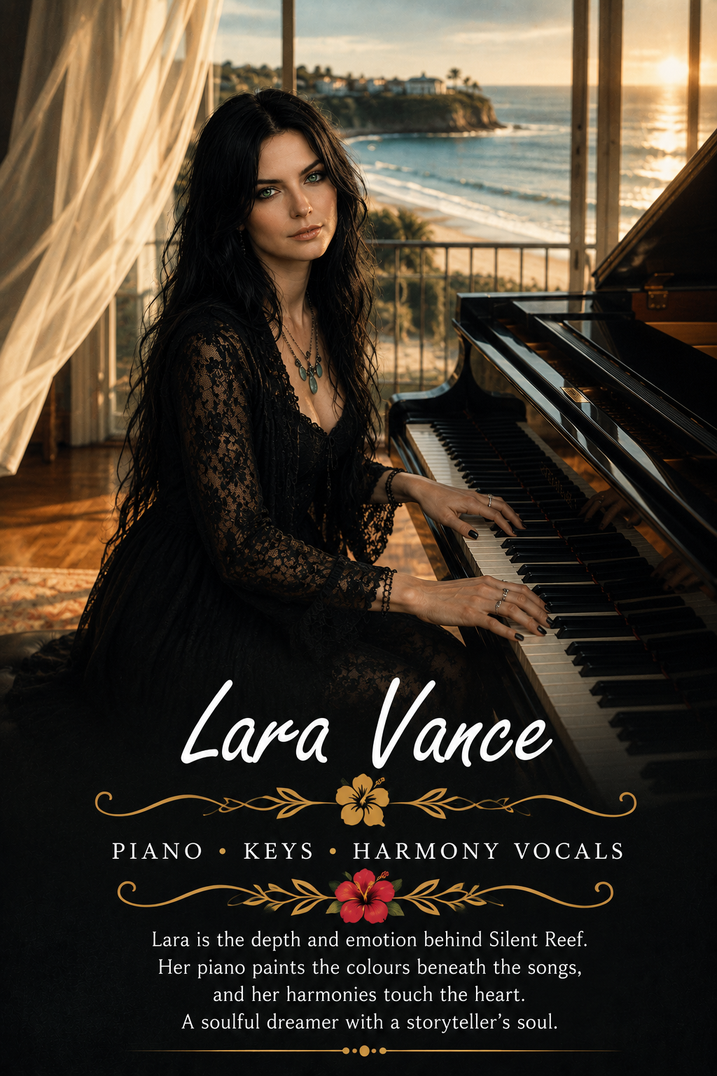 Lara Vance at the piano overlooking the coast