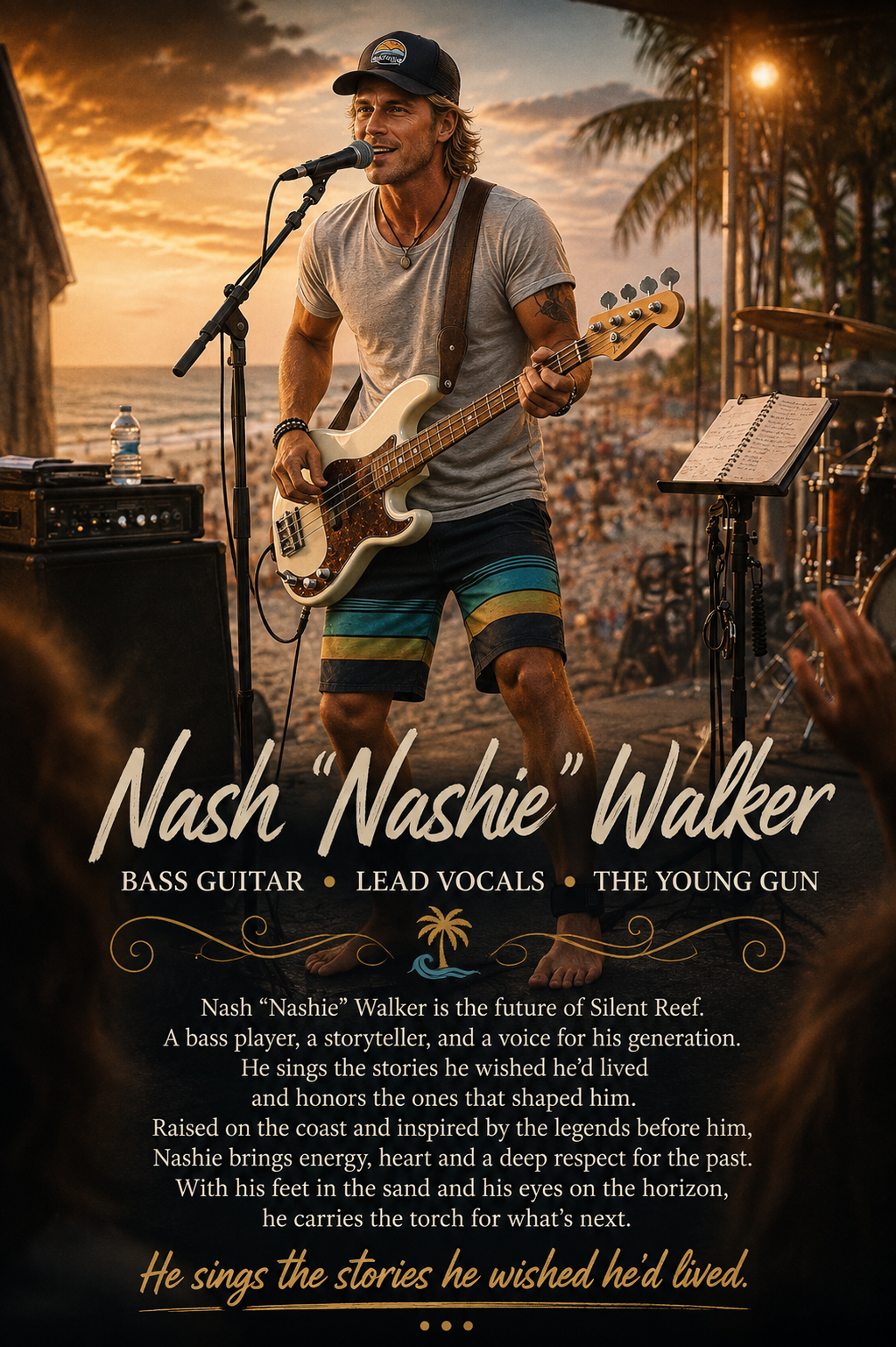 Nash Walker, known as Nashie, playing bass beside the coast