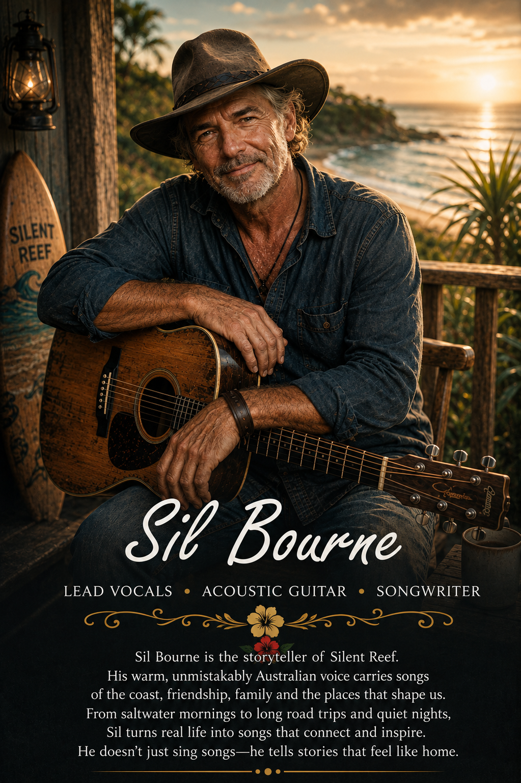 Sil Thorn, known as Sil, with his acoustic guitar on a coastal veranda